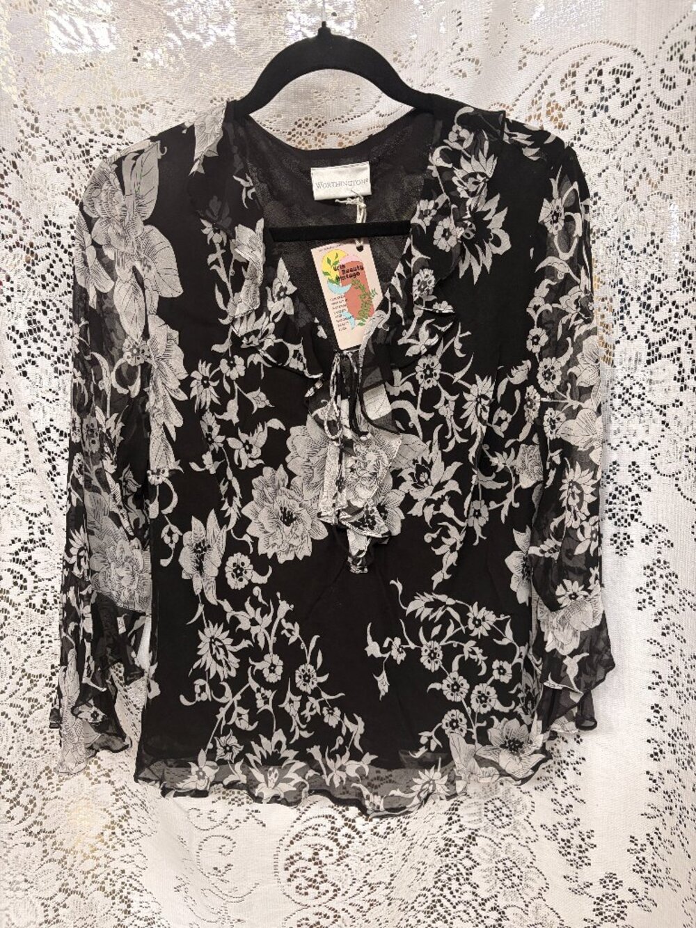 Vintage Y2K 100% Silk Black White Floral Ruffle Blouse Size S